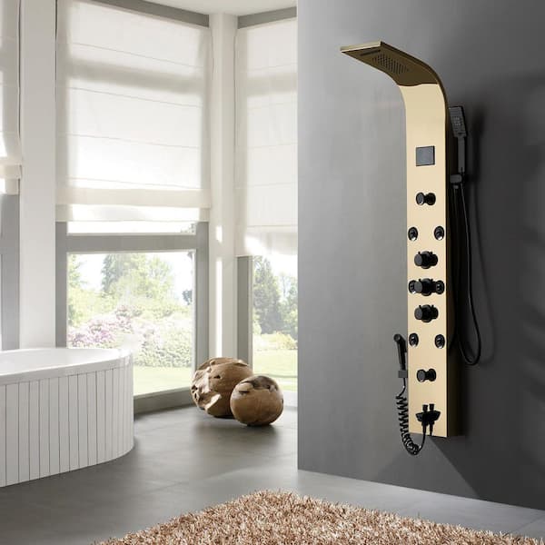 8-Jet Rainfall Shower Panel System with Waterfall Shower Head and Shower Wand With LED Light in Black Gold