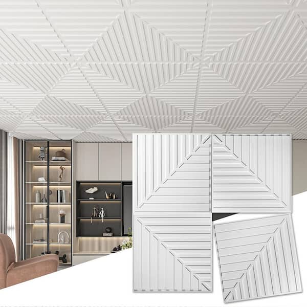 White 2ft. x 4ft. Textured PVC Drop In Ceiling Tile, Decorative Glue Up Ceiling for Interior Wall Decor(48sq.ft./case)