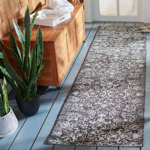 Courtyard Black/Light Gray 2 ft. x 8 ft. Antique Floral Indoor/Outdoor Runner Rug