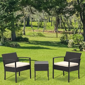3-Pieces Rattan Wicker Patio Conversation Set with Beige Cushions