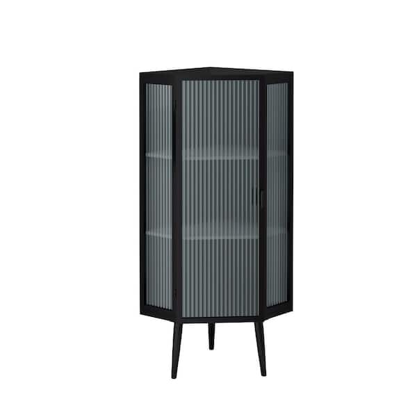 22.25 in. W x 16.54 in. D x 43.3 in. H Black Coner Linen Cabinet with Tempered Glass Door Storage Shelves for Bathroom