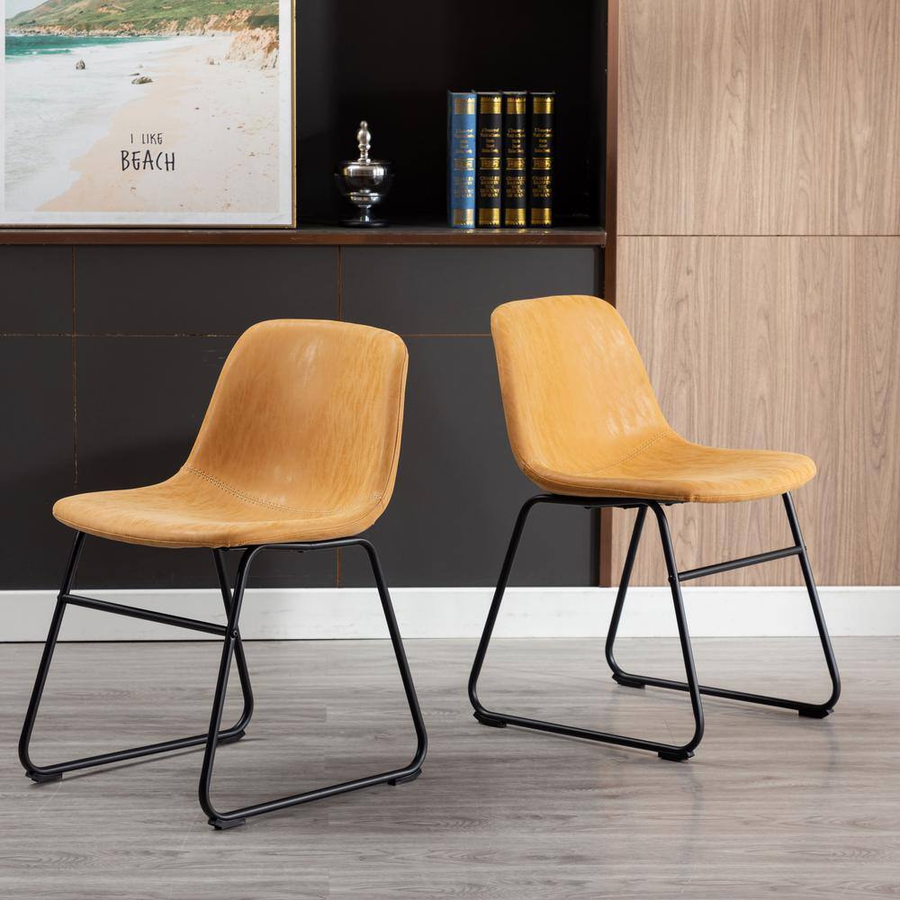 Tan Faux Leather Upholstered Armless Side Chairs with Metal Legs, Set of 2