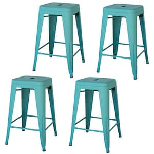 24 in. Teal Metal, Backless, Stackable Bar Stool (Set of 4)