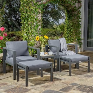 Lakeview Modern 5pc Aluminum Outdoor Bistro Set with Charcoal Cushions (Outdoor Chair, Ottoman, and Side Table Bundle)