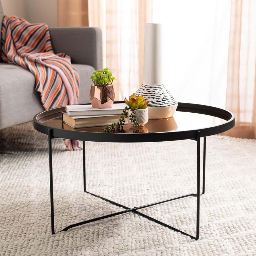 Ruby Round Rose Gold Glass and Black Wood Coffee Table