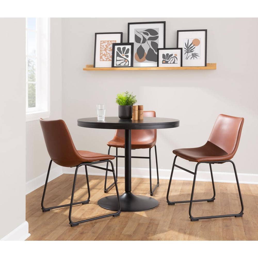 Cognac Faux Leather Upholstered Side Chair with Metal Legs, Set of 2