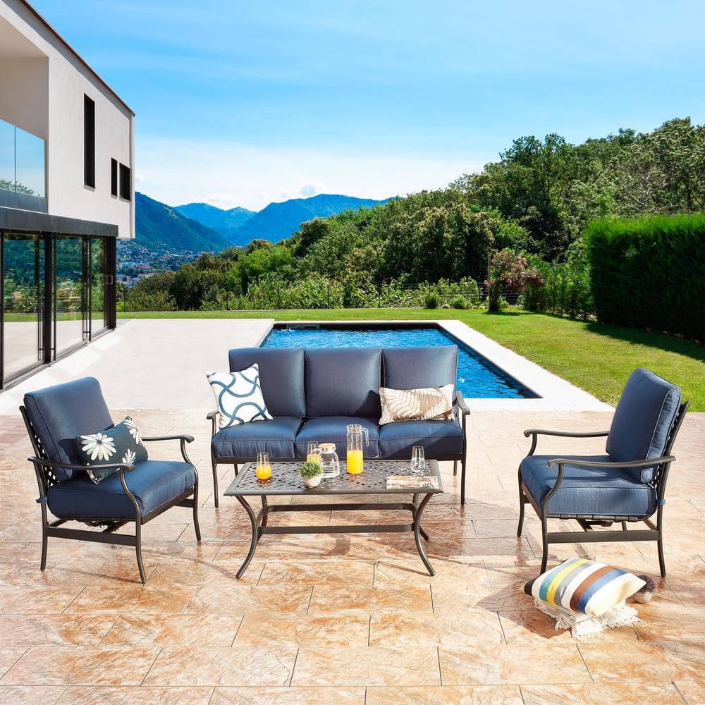 Patio Festival 4-Piece Metal Patio Conversation Set with Blue Cushions ...