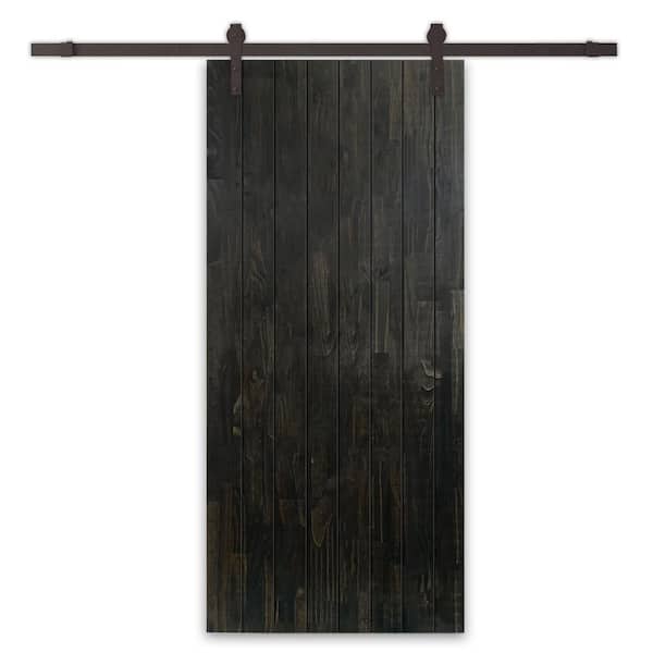 CALHOME 34 in. x 84 in. Charcoal Black Stained Solid Wood Modern Interior Sliding Barn Door with Hardware Kit