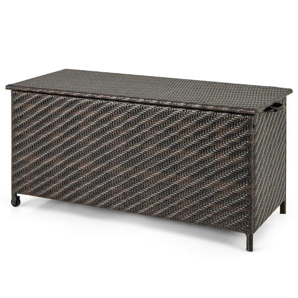 WELLFOR 85 gal. PE Rattan Outdoor Deck Box with Wheels, Brown