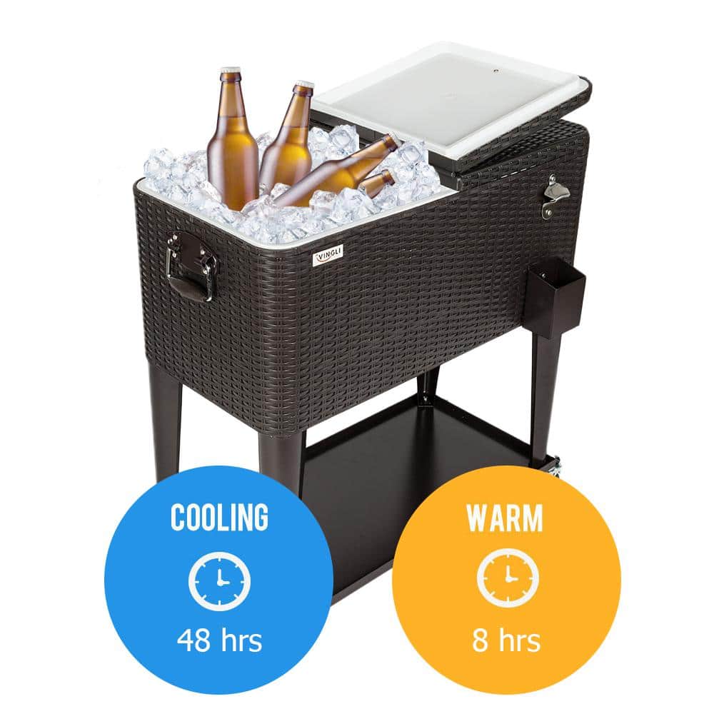 VINGLI 80 Quart Black Rattan Rolling Cooler with Shelf