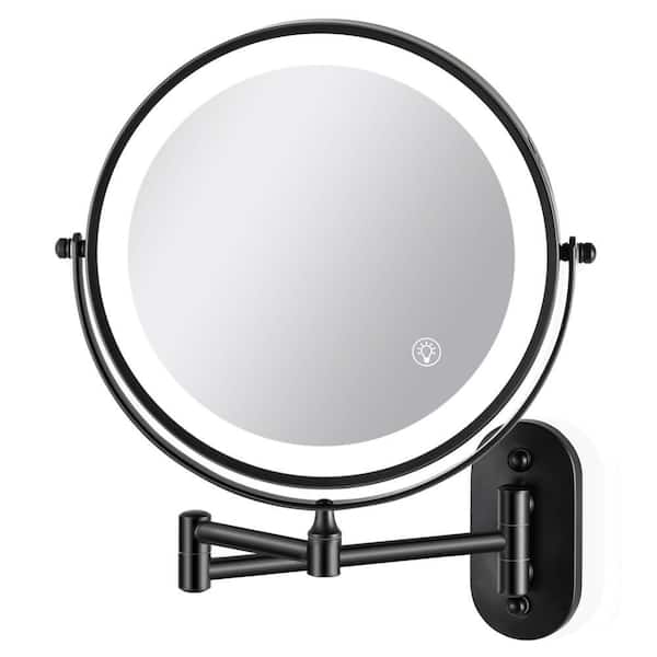 8.5 in. W x 8.5 in. H Round 1X/10X Magnification, 3-Color LED, Swing Arms Wall Mount Bathroom Makeup Mirror in Black