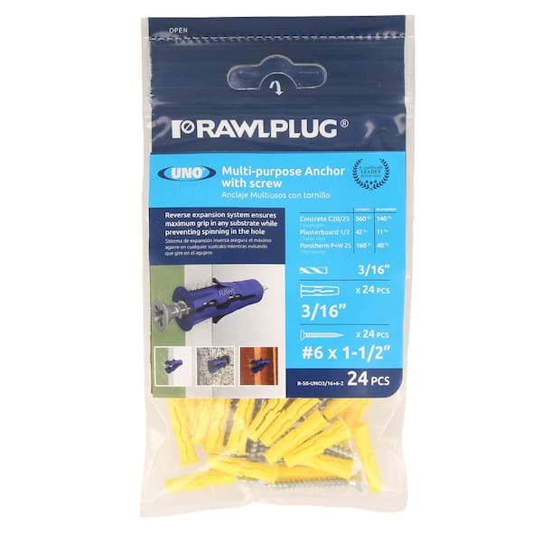 RAWLPLUG Uno Multi-Purpose Drywall Anchors 3/16 with Screws #6 x 1-1/2 11 lbs. (Pack of 24)