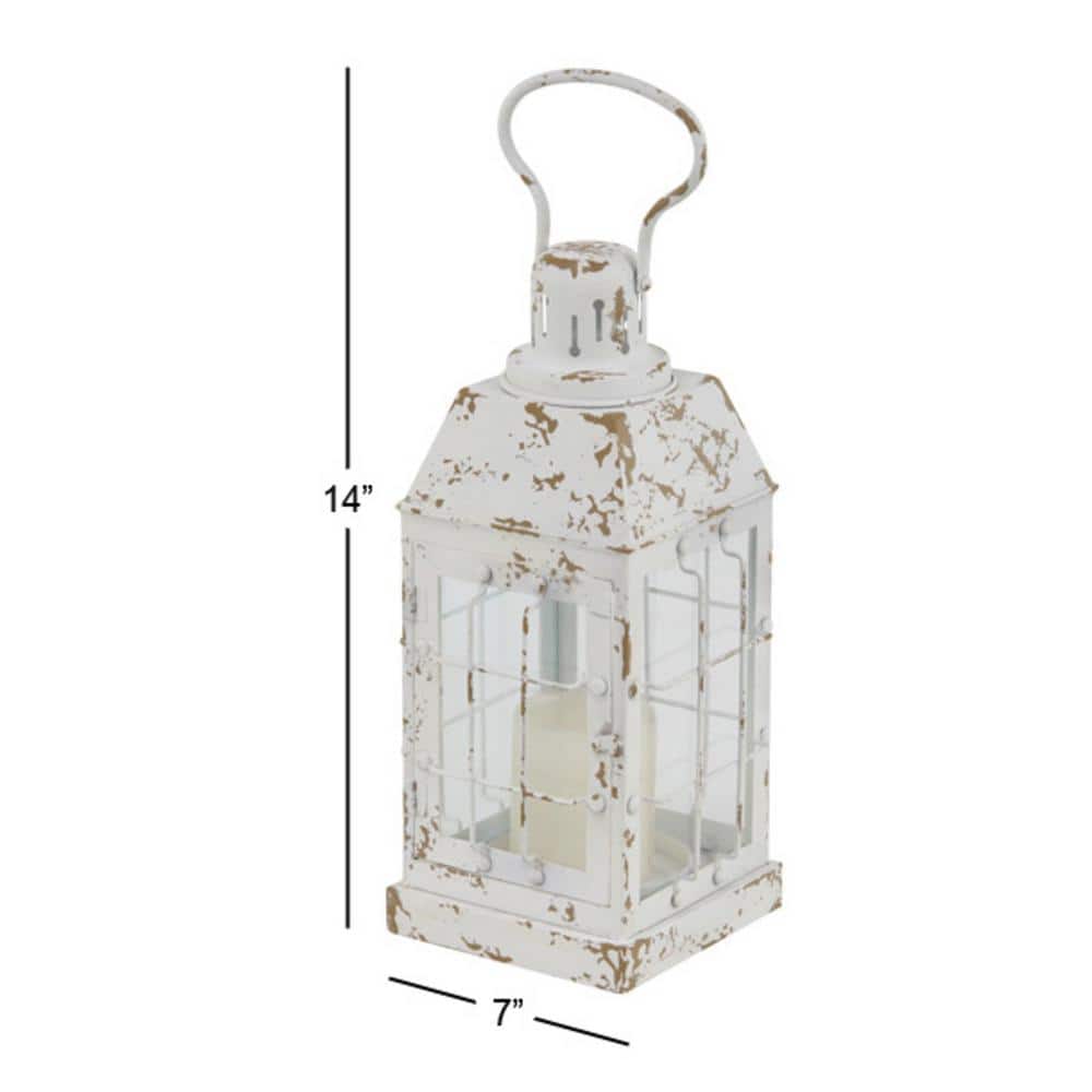 Vintage White Metal Candle Lantern with Distressed Finish - 7"x14"
