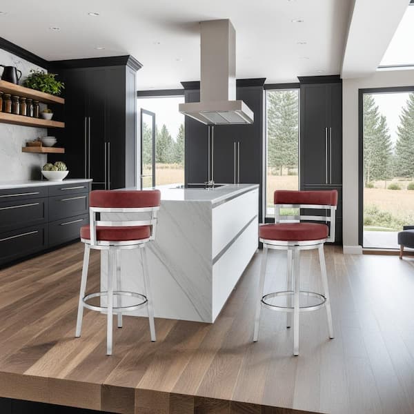 Armen Living Madrid Contemporary 26 in. Counter Height Barstool in Brushed Stainless Steel Finish and Red Faux Leather