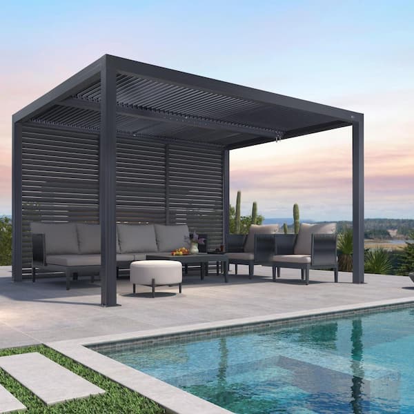 11 ft. x 13 ft. Gray Aluminum Louvered Pergola with 2-Adjustable Sunshade Roofs and 1-Long Side Fixed Shutter Wall