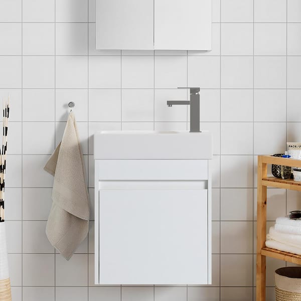 Unbranded 18 in. W x 10.2 in. D x 22.8 in. H Floating Bath Vanity in White with White Resin Sink Top and Soft Closing Door
