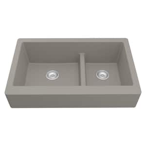 Retrofit Farmhouse/Apron-Front Quartz Composite 34 in. Double Offset Bowl Kitchen Sink in Concrete