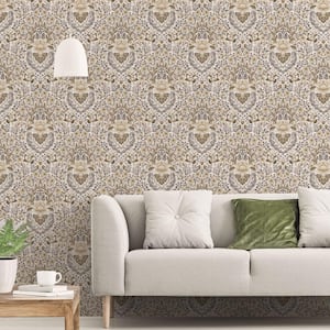 Into The Wild Beige Metallic Floral Damask Non-Pasted Non-Woven Paper Wallpaper Roll