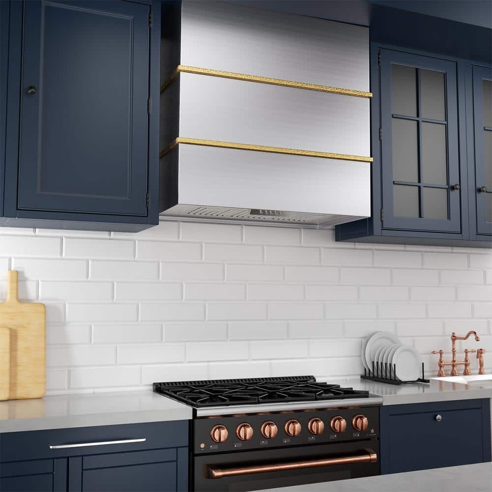 30" Brushed Stainless Steel and Gold Wall Mount Range Hood