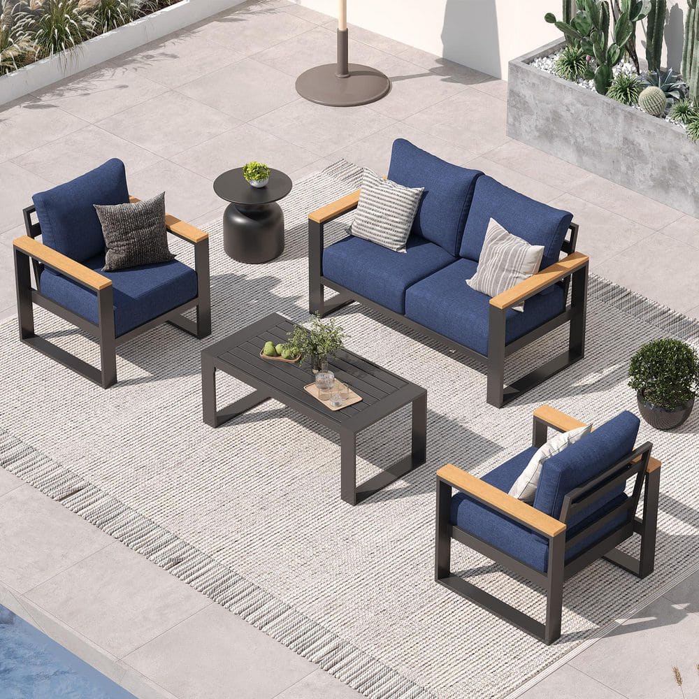 4-Piece 4 Seats Aluminum Outdoor Patio Furniture Set with Coffee Table and Navy Cushions price history on PriceWatchPro