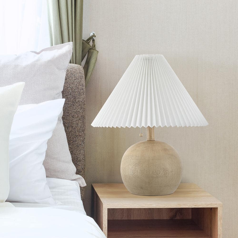 Beige Wood Finish Round Resin Bedside Table Lamp with Linen Shade