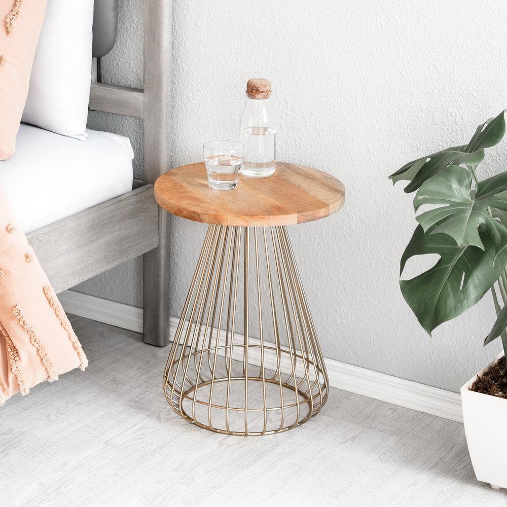 Opulent Round 20" Gold and Natural Wood Side Table