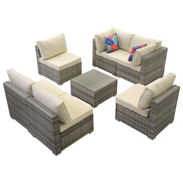 Zeus & Ruta 7-Piece Gray Rattan Wicker Outdoor Patio Sectional Sofa Set with Beige Cushions for Garden Balcony Backyard