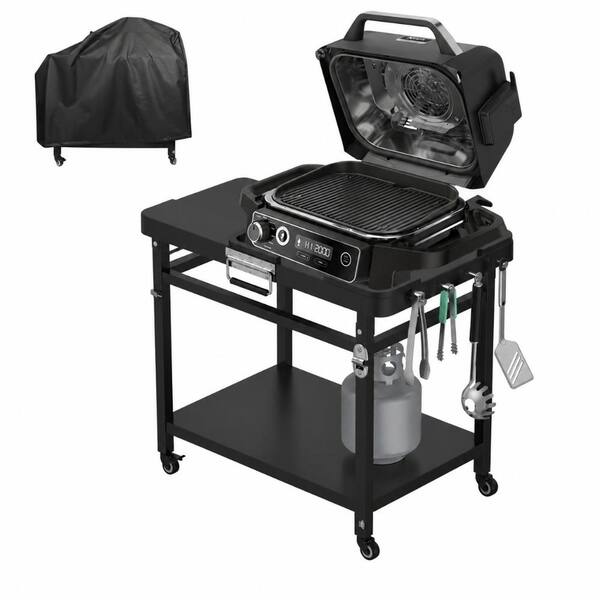 Grill Stand Cart with Wheels and Cover for Ninja Woodfire OG700 OG800 OG900 OO101 Series, Outdoor Smoker Pizza