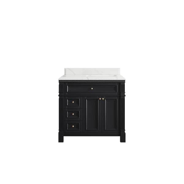 Willow Collections Paris 36 in. W x 22 in. D x 36 in. H Right Offset Sink Bath Vanity in Black with 1.5 in. Calacatta Laza qt. Top