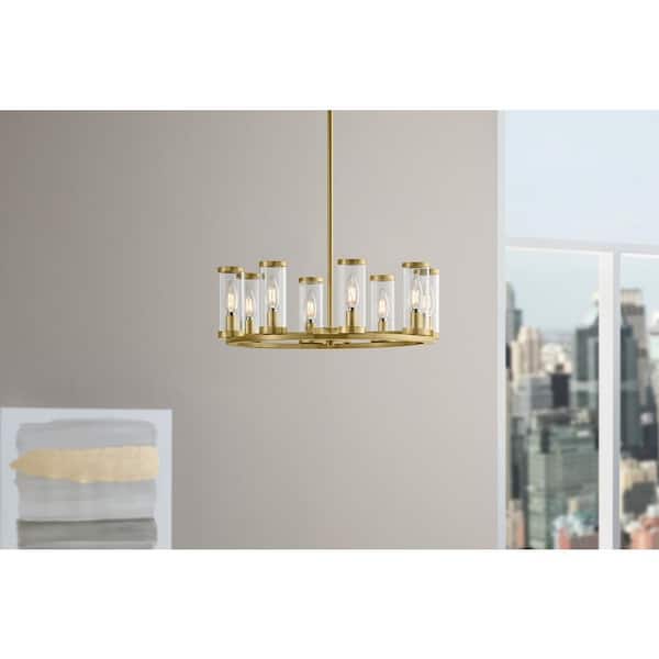 Loveland 8-Light Brass Wagon Wheel Chandelier Light Fixture with Clear Glass Shades