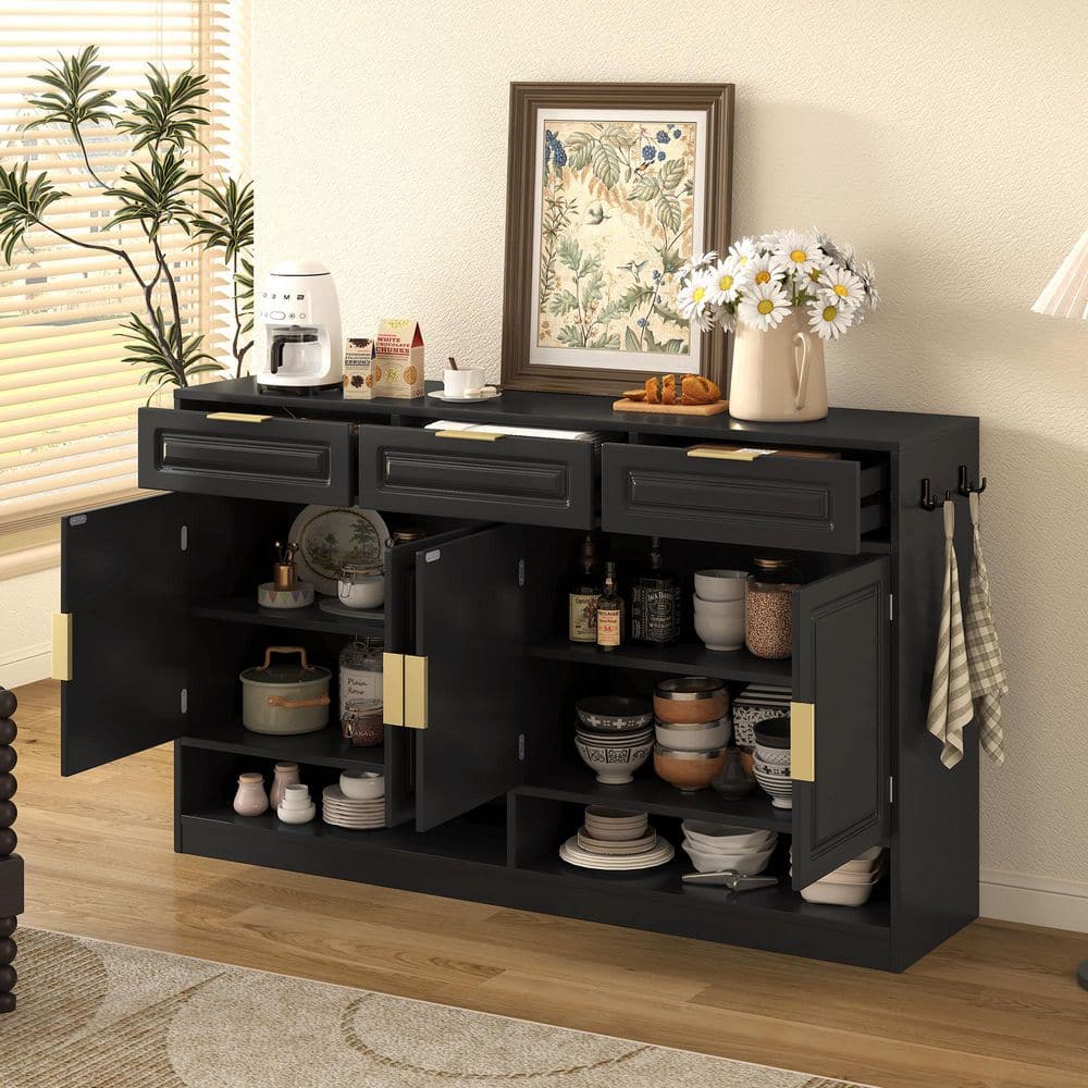 Black MDF 59.1 in. W Sideboard Buffet with Adjustable Shelves, Open Storage Compartments, 4 Doors and 3 Drawers