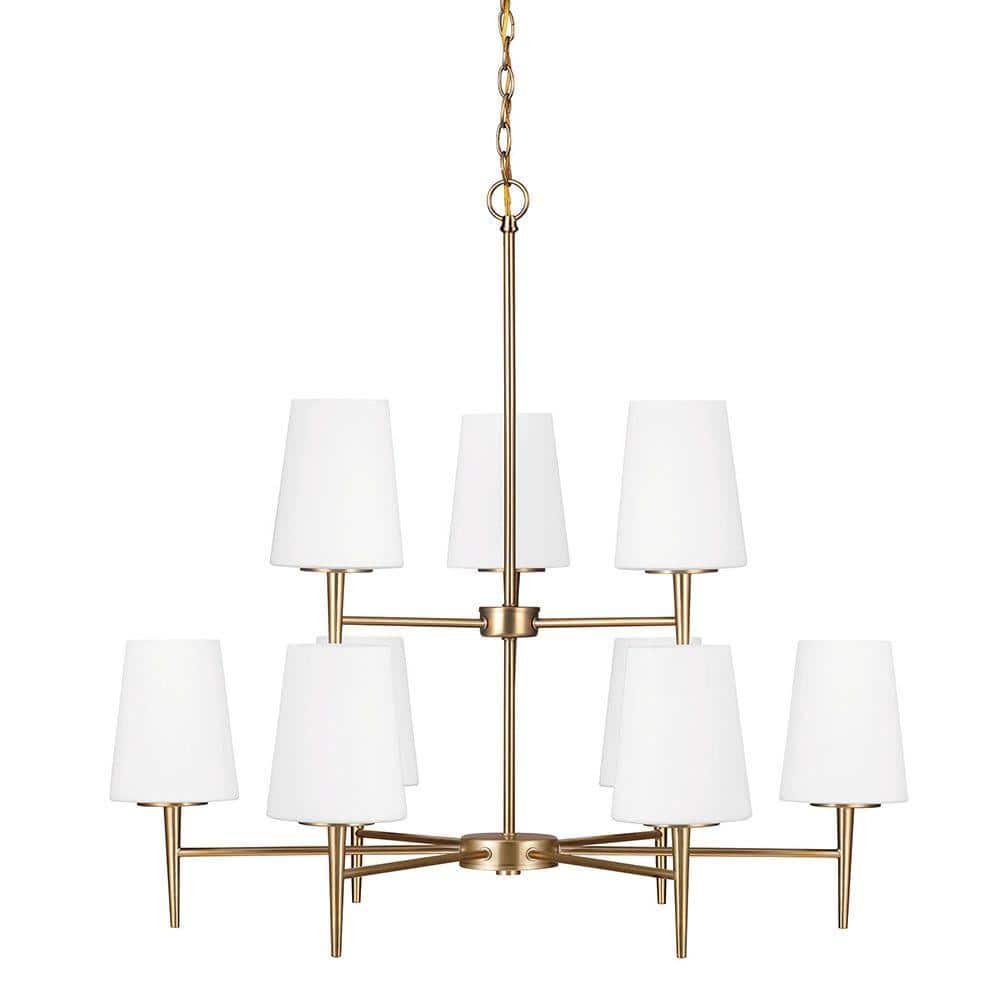 Generation Lighting Driscoll 9-Light Satin Brass Mid-Century Modern Hanging Chandelier with Inside White Painted Etched Glass -  3140409-848
