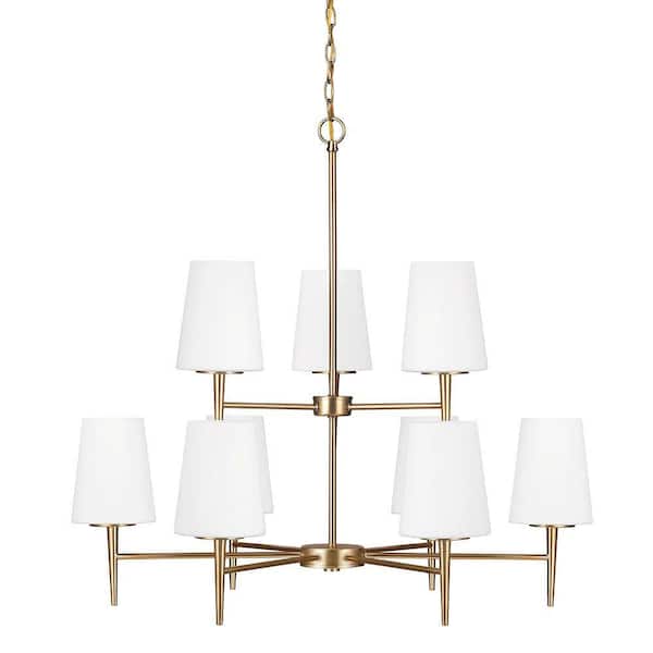 Generation Lighting Driscoll 9-Light Satin Brass Mid-Century Modern Hanging Chandelier with Inside White Painted Etched Glass