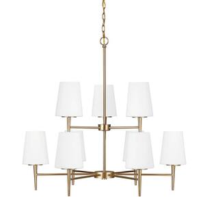 Driscoll 9-Light Satin Brass Mid-Century Modern Hanging Chandelier with Inside White Painted Etched Glass