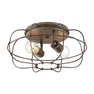 Lyam 14 in. 2-Light Charred Iron Flush Mount with Cage Style Shade and No Bulbs Included