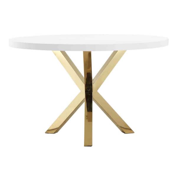 Benjara Emi White and Gold Metal 47 in. 3-Legs Dining Table Seats-2