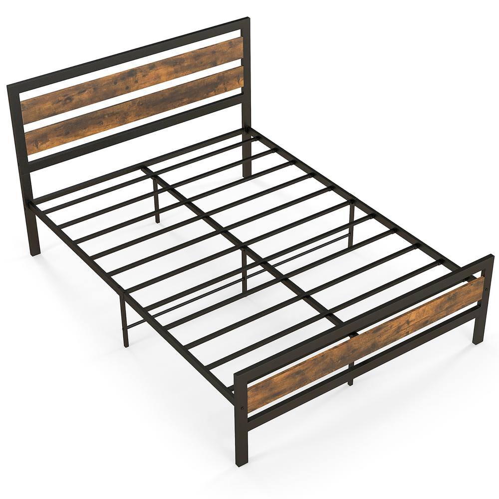 Costway Rustic Brown Plus Black Industrial Metal Frame Full Platform Bed Rustic Headboard