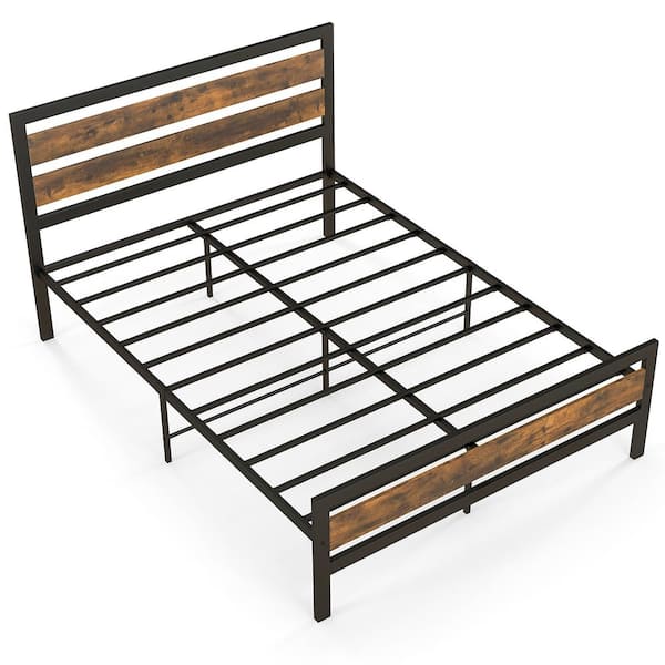Costway Rustic Brown Plus Black Industrial Metal Frame Full Platform Bed Rustic Headboard Mattress Foundation