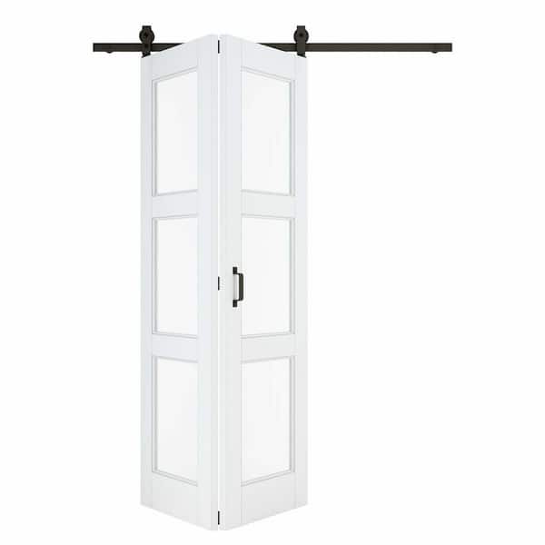 ARK DESIGN 56 in. x 80 in. 3-Lite Tempered Clear Glass White Primed MDF Bifold Sliding Barn Door with Hardware Kit