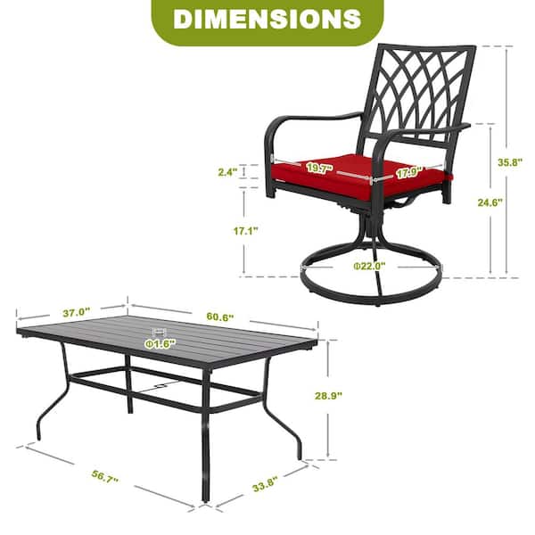 Black 7-Piece Metal Rectangle Outdoor Dining Set with Red Cushions and 1.57 in. Umbrella Hole, Swivel Design