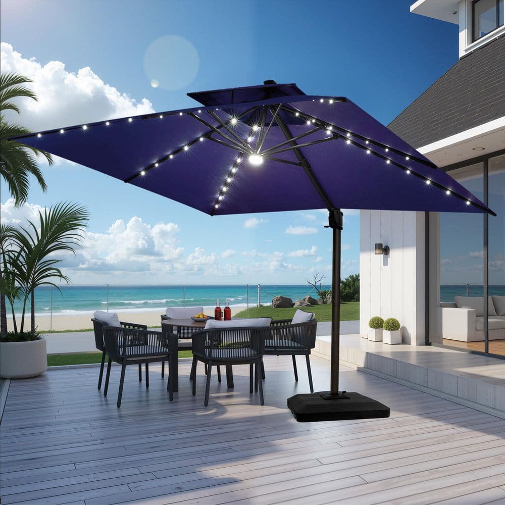 9 ft. x 11.5 ft. 2-Tier Outdoor Cantilever 360° Rotation Solar LED Lighted Tilt Patio Umbrella in Navy, Weights Base price history on PriceWatchPro