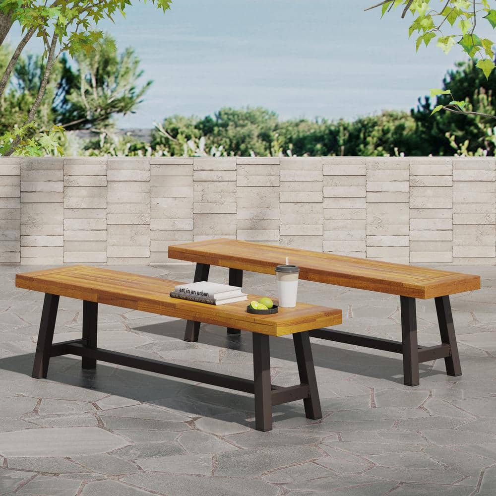 Wood Outdoor Storage Stool Bench in Sandblasted Brown (Set of 2)