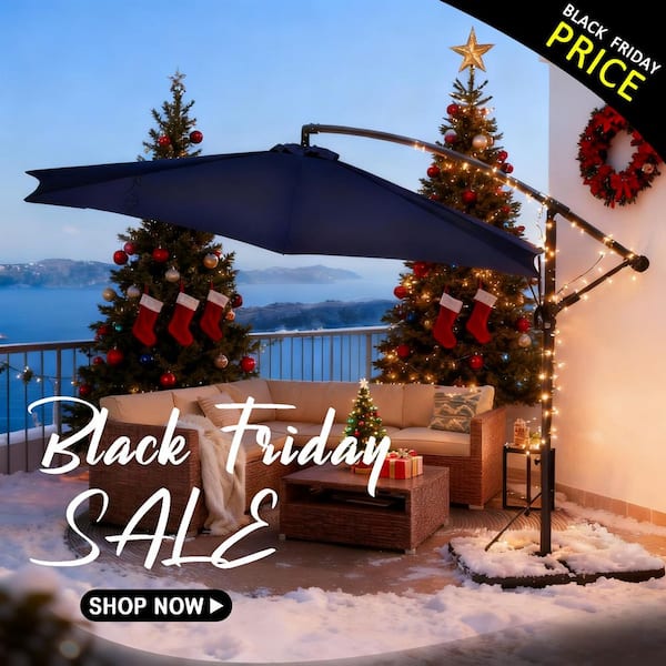 12 ft. Steel Cantilever Offset Patio Umbrella in Blue with Weighted Base