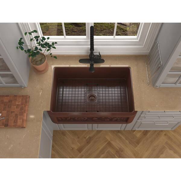 Download Anzzi Saint Farmhouse Handmade Copper 33 In Single Bowl Kitchen Sink With Sunflower Design Panel In Polished Antique Copper K Az251 The Home Depot