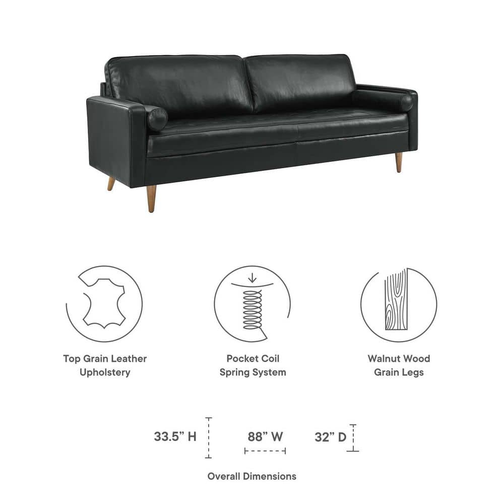 Luxurious 88" Black Leather Tufted Sofa with Walnut Wood Legs and Ottoman