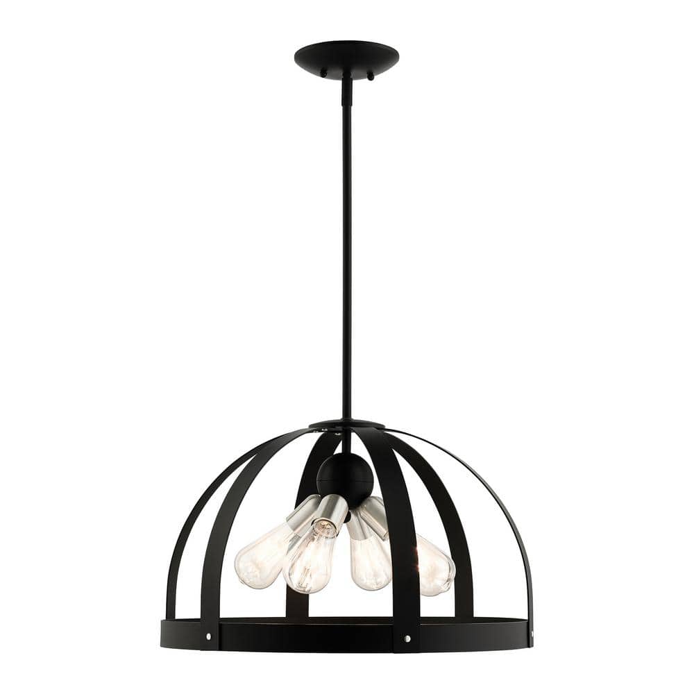 Textured Black Glass and Metal 4-Light Pendant Chandelier