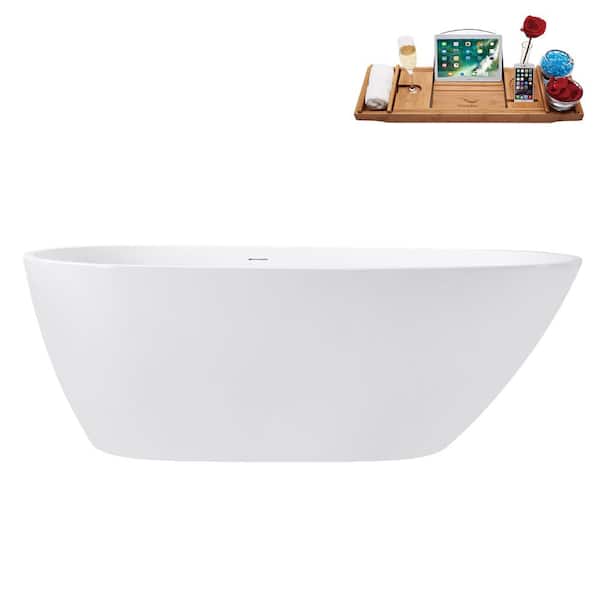 Streamline 67 in. x 32 in. Acrylic Freestanding Soaking Bathtub in Glossy White with Matte Oil Rubbed Bronze Drain, Bamboo Tray
