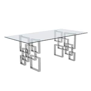 Dominga Clear Glass Top 46" Silver Double Pedestal Base Dining Table Seating 8.