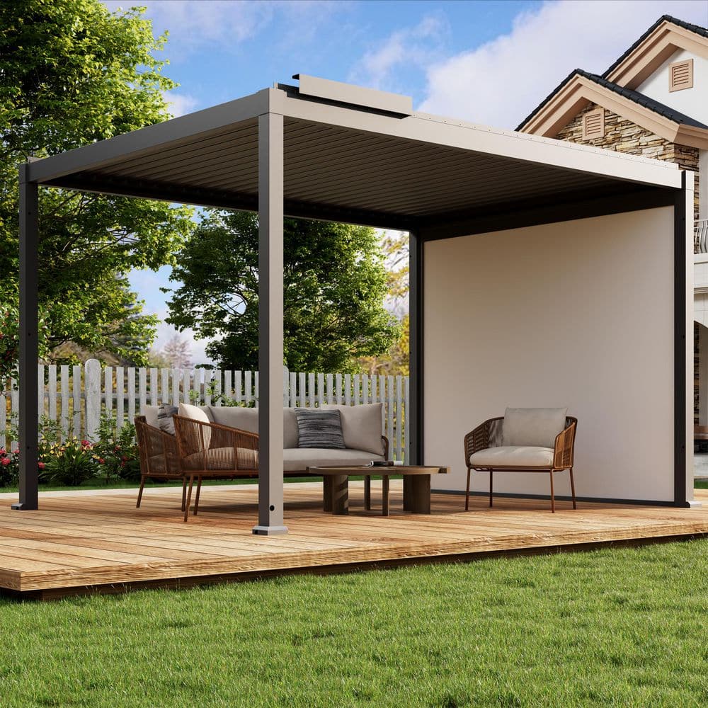 Mondawe 10 ft. x 13 ft. Gray Aluminum Louvered Pergola with LED