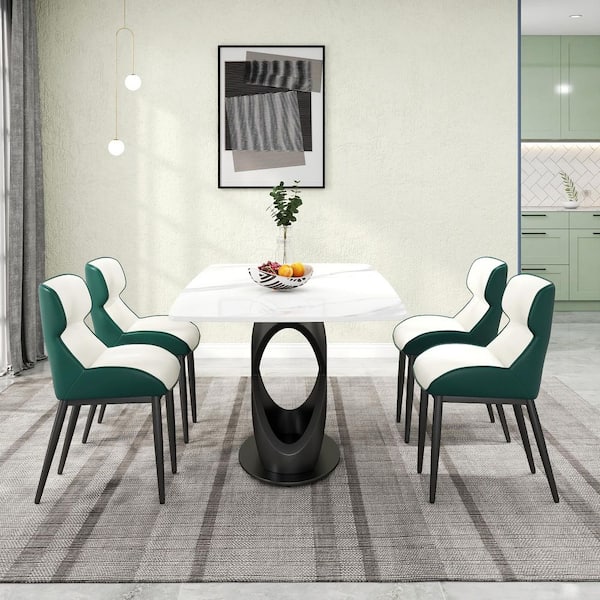Set of 4 PU Leather Dining Chair Morden Desk Chair with Black Iron Legs in Green